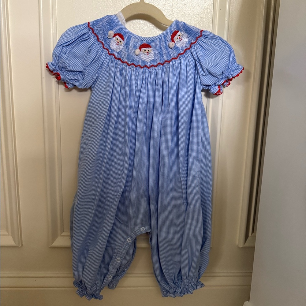 Blue Baby Romper with Santa Embroidery